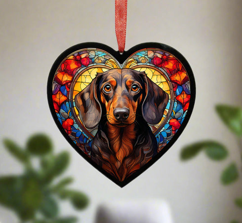 Dachshund Dapple Stained Glass Effect Heart Suncatcher